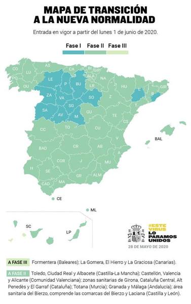 Spain - lockdown de-escalation map Phases 1,2,3